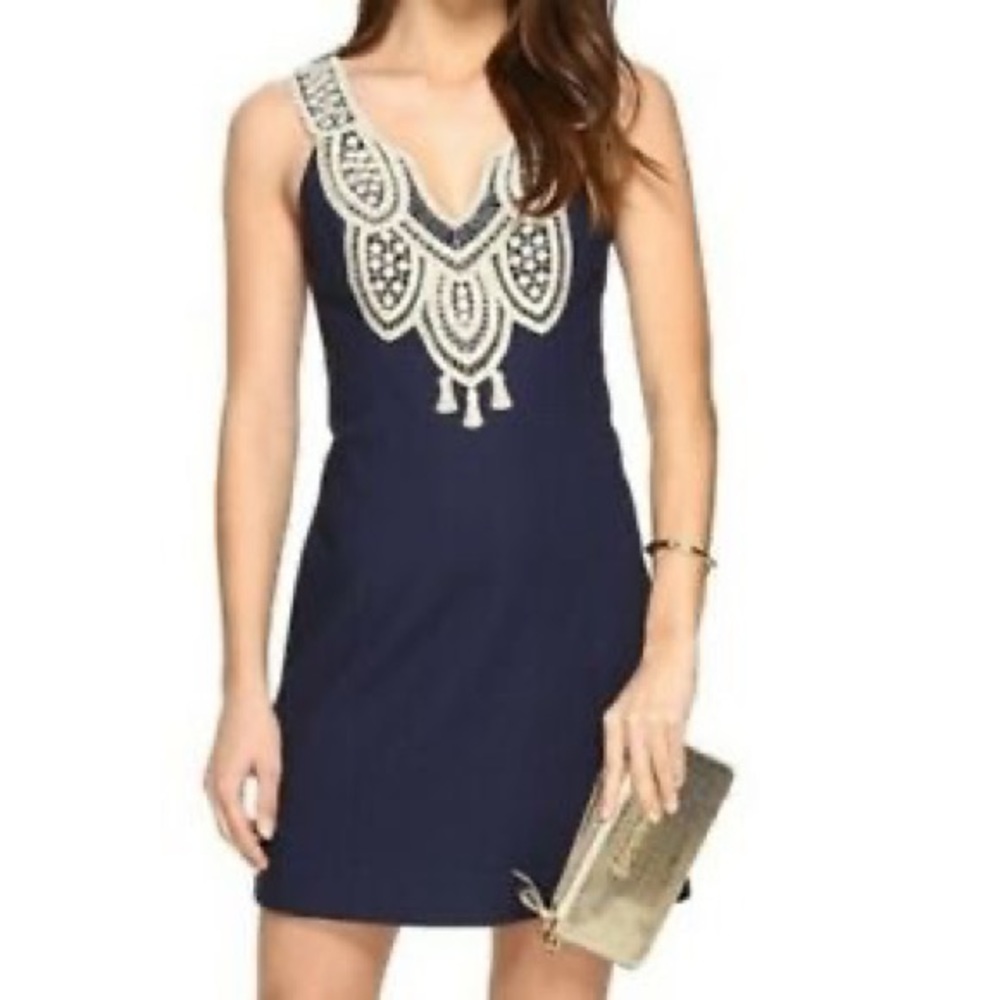 Navy Dress with gold collar detail